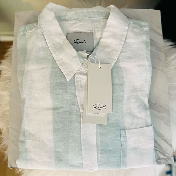 RAILS Women's Charli‎ Awning Stripe Linen Blend Blouse, Large, White/Blue, NWT - Picture 7 of 15